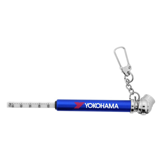 A blue key chain tyre gauge featuring a silver nozzle and a measuring scale, attached to a keyring.