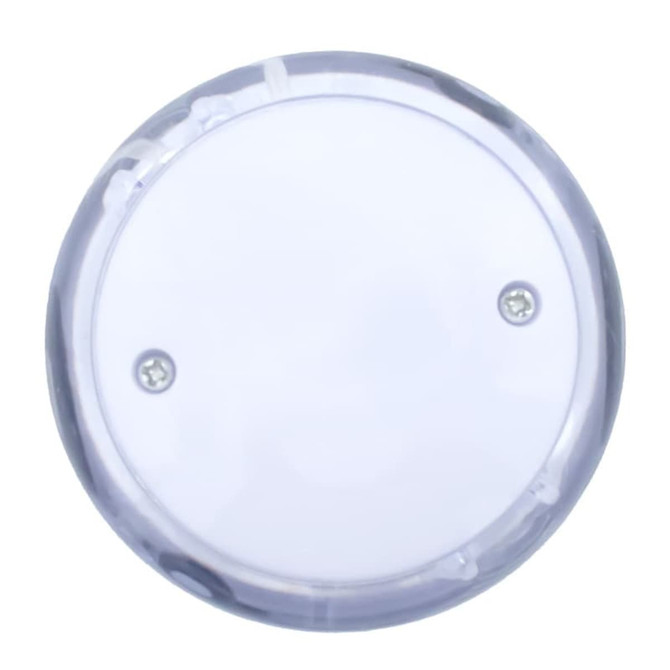 A clear LED light-up yo-yo with a smooth surface and visible internal mechanism. It features a small logo.