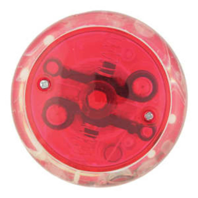 A red LED light up yo-yo with a clear outer casing and intricate inner design.
