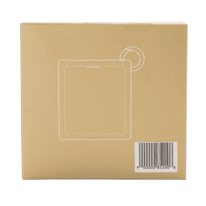 A brown cardboard box featuring a simple line drawing of a power bank and a circular attachment point.