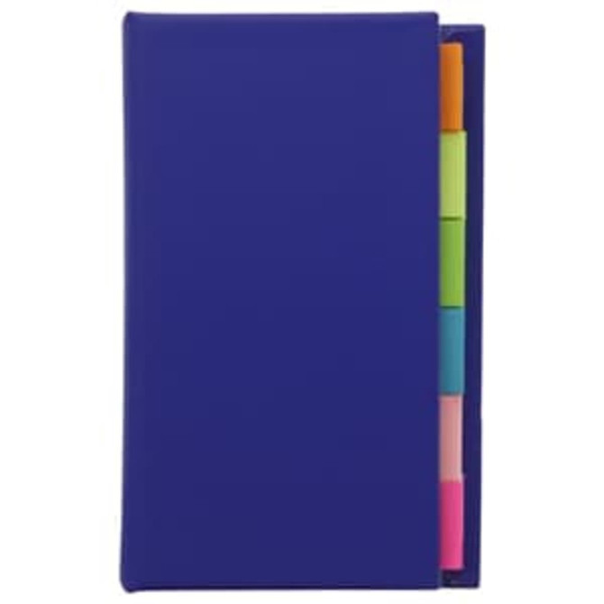 A purple adhesive note marker strip book featuring multicoloured sticky tabs in pink, green, blue, and orange.
