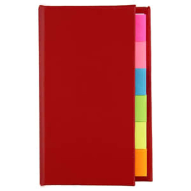 A red book containing assorted sticky note markers in bright pink, yellow, and green colours.