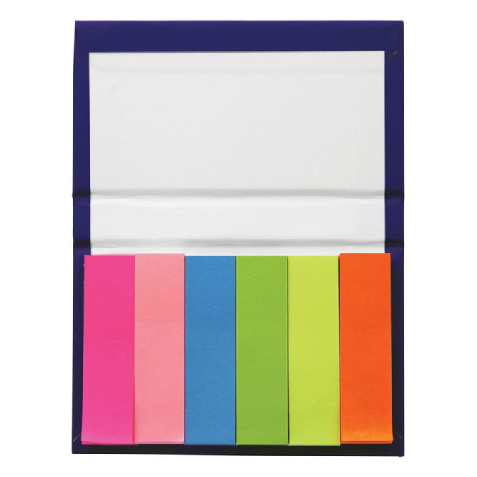 A sticky note marker strip book featuring colourful sticky notes in pink, orange, blue, green, and purple. It has a cover with a logo.
