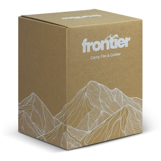 A brown cardboard box featuring mountain designs and a logo, labelled "Camp Fire & Cooker" for outdoor use.