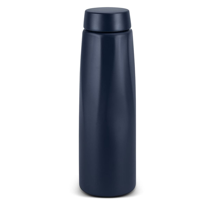 A drink bottle in a sleek dark navy design, featuring a smooth, cylindrical shape and a matching lid.