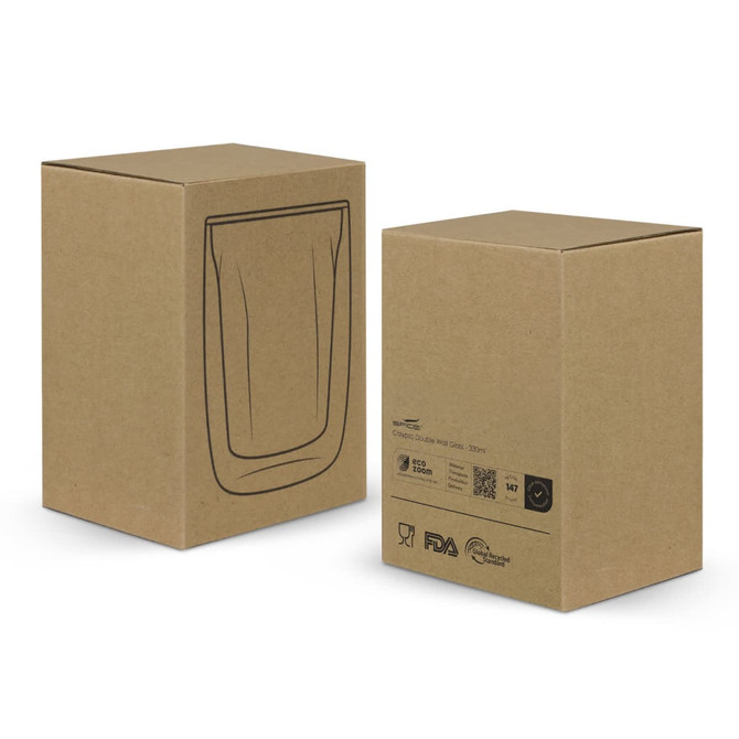 A glassware product box featuring a double wall glass with a minimalist design, in a natural brown colour.