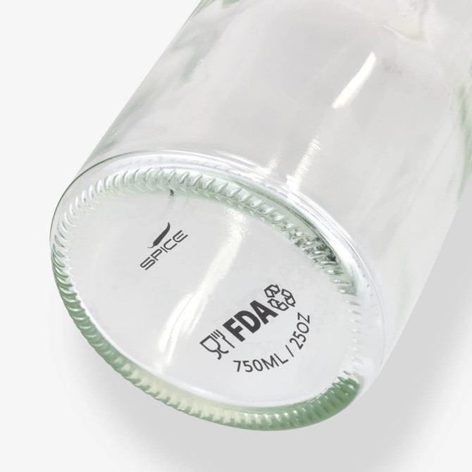 A glass drink bottle with a transparent finish, featuring a branding logo and a 750ml capacity.