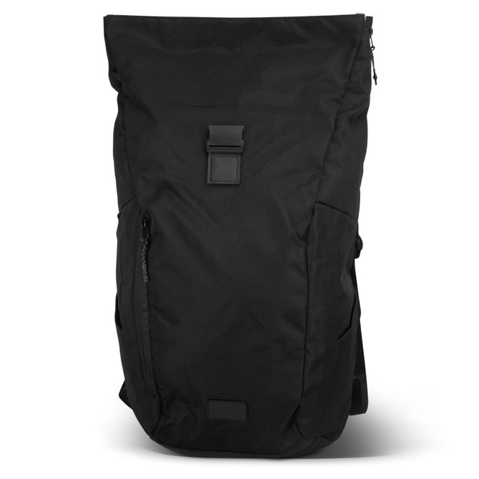A black roll-up computer backpack featuring a top closure, adjustable straps, and side pockets. Contains branding.