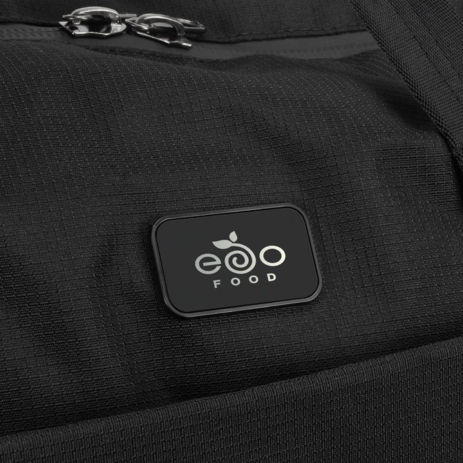 A black duffle bag featuring a logo and zippered compartments. Suitable for weekend sports activities.