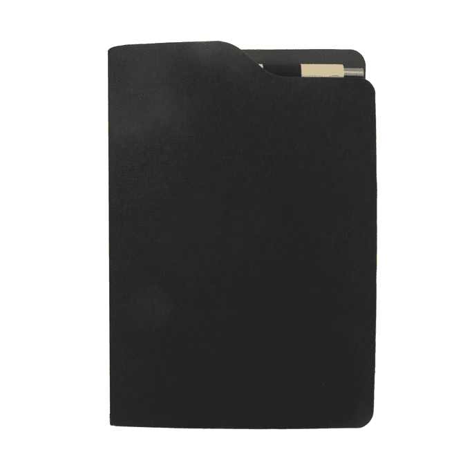 A black A5 notebook with a slim profile, featuring an interior pocket for notes or cards and a logo on the cover.