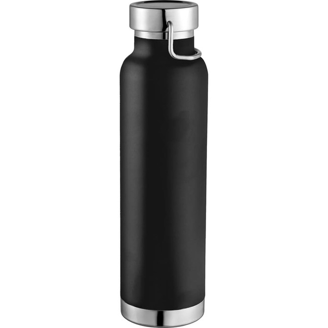 A drink bottle in matte black with a stainless steel lid and base, featuring a logo. Holds 650ml.