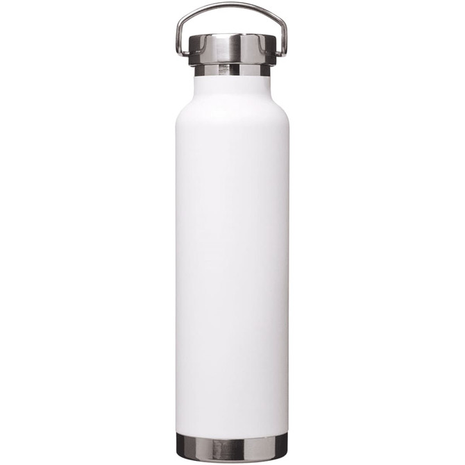 A drink bottle in white with a stainless steel cap and base, featuring a logo on the side.