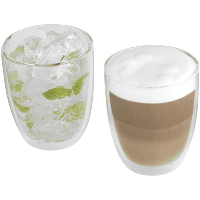 A glass coffee and tea set featuring two double-walled glasses, one with ice and mint, the other with a layered beverage.