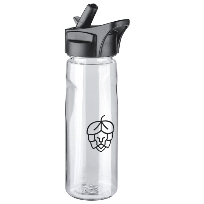 A drink bottle in clear plastic with a black cap and spout, featuring a logo design in black.