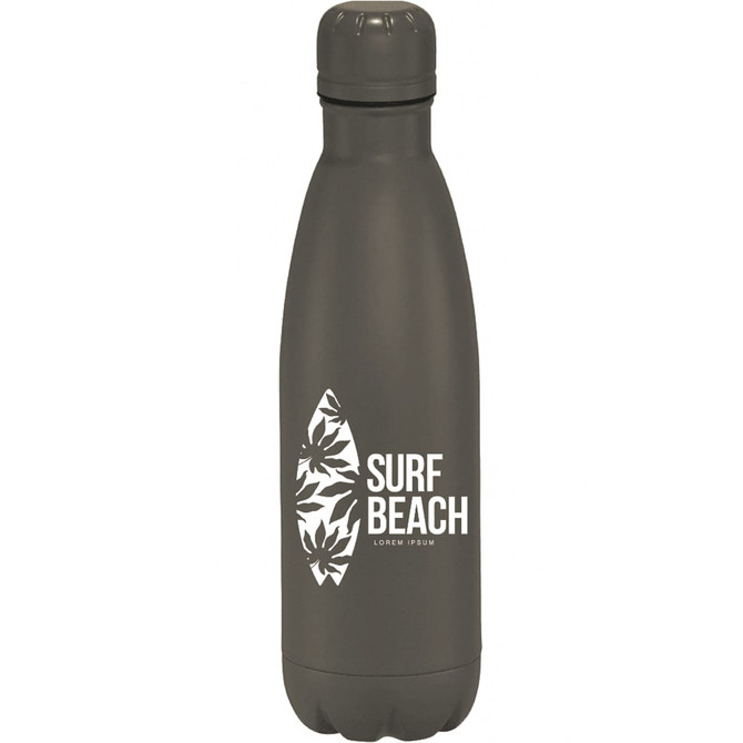 A drink bottle in olive green with a branding logo and a sleek, insulated design. 500ml capacity.