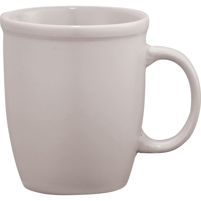 A ceramic coffee mug in a sleek, cream colour with a comfortable handle. Features a simple design and has a logo.