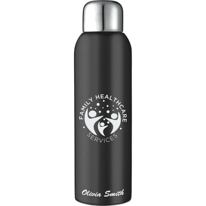 A drink bottle in matte black with a silver screw-on lid, featuring a logo and a name on the side.