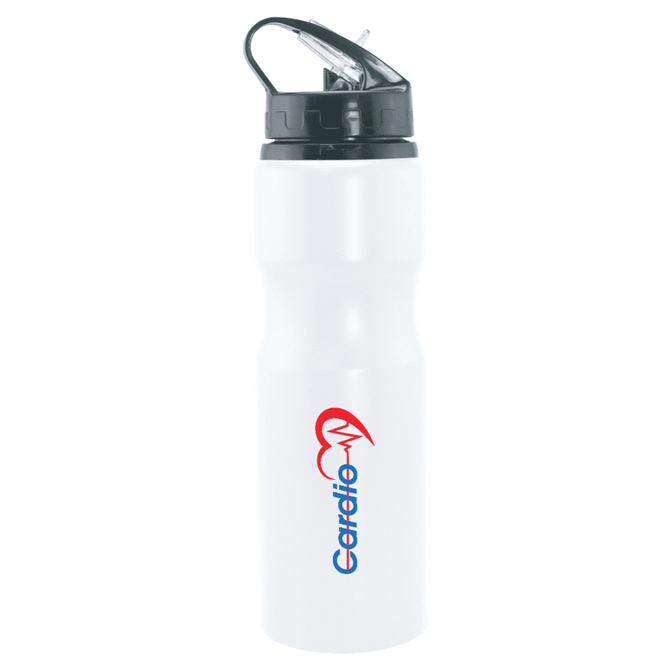 A drink bottle featuring a white body, black lid, and a logo. It holds 830ml and is designed for sports use.