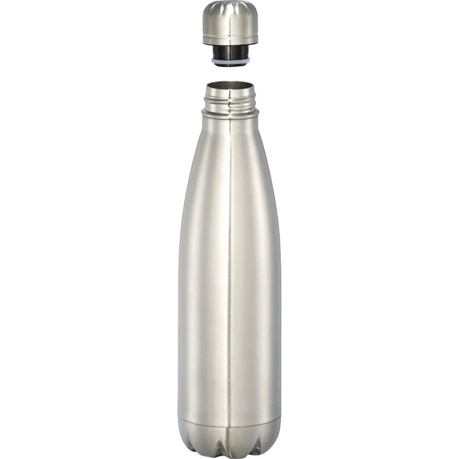 A drink bottle made of stainless steel with a silver finish, featuring a screw-top lid and a logo.