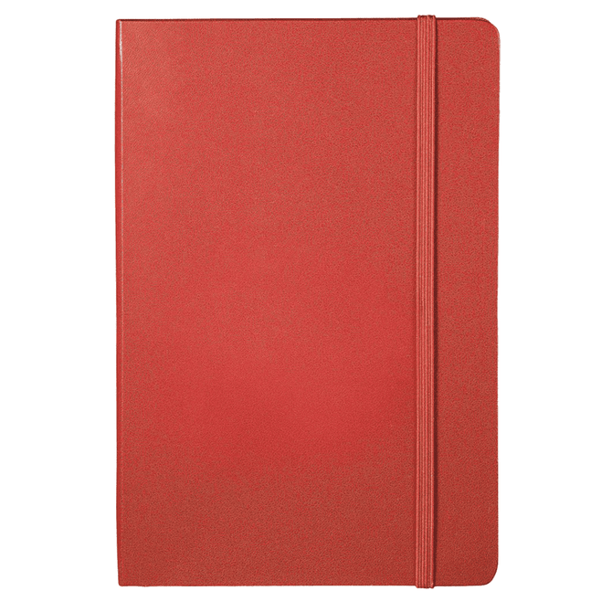 A red bound journal with an elastic closure, featuring a textured surface and a logo.