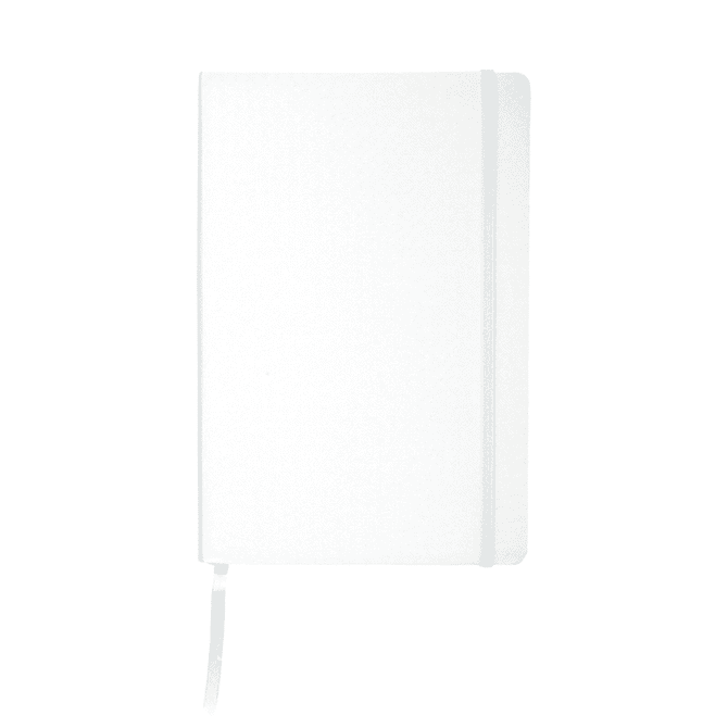A white notebook with a textured cover, featuring an elastic band and a ribbon bookmark, includes a branding logo.