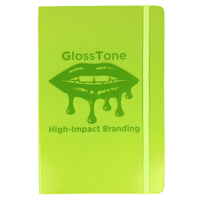 A vibrant lime green journal with a glossy design and an elastic band closure, featuring a branding logo.