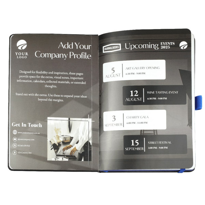 A bound journal book with a blue cover showcasing event listings and a logo. Pages appear designed for note-taking.