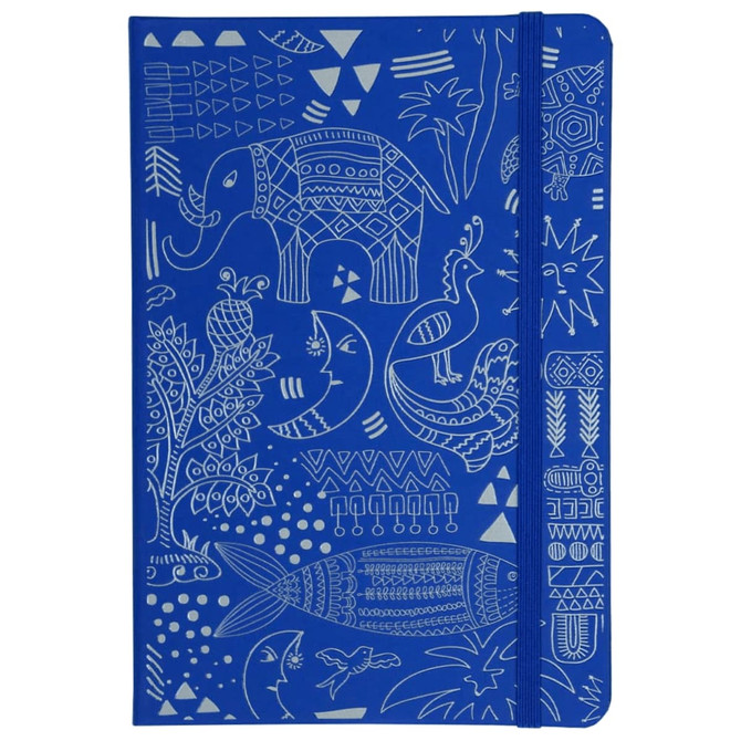 A blue A5 hard cover notebook featuring various intricate white patterns, with a band for secure closure and a logo on the cover.