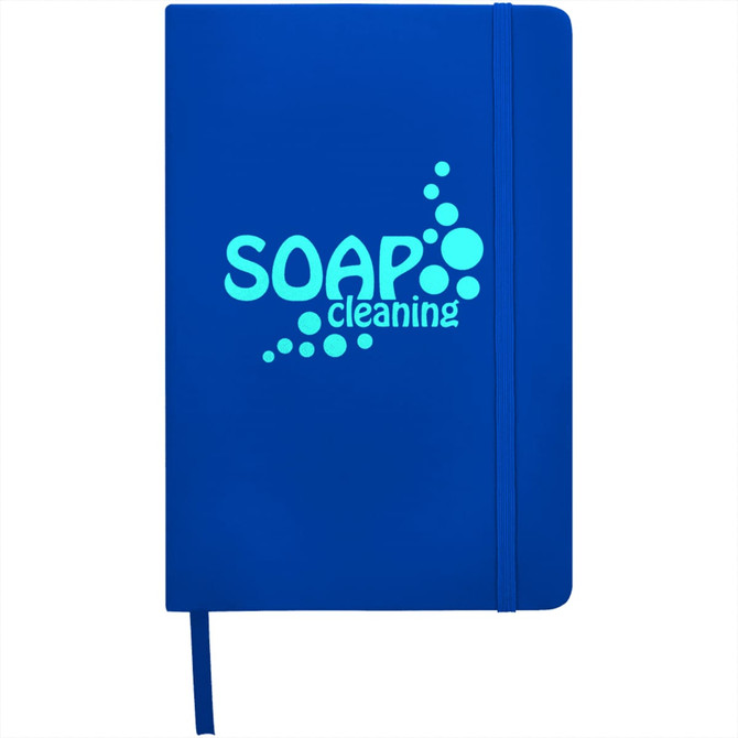 A blue A5 hard cover notebook with a logo and an elastic closure band. Features a matching blue ribbon marker.