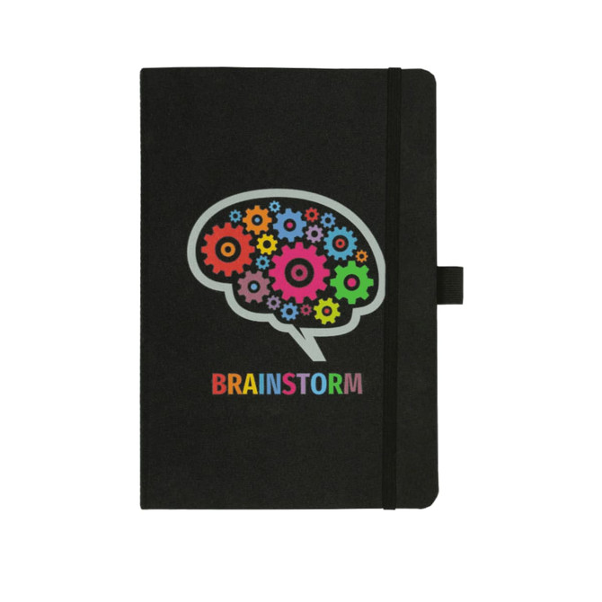 A black journal with a brain graphic featuring colourful gears and a logo, secured with an elastic band.