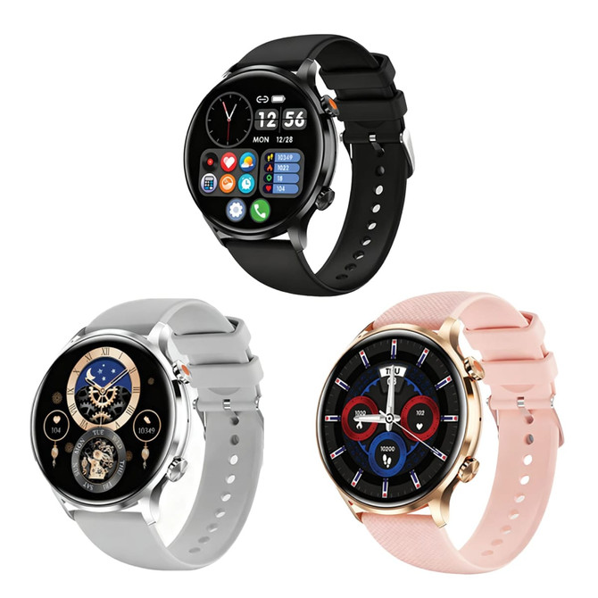 Three smart watches in black, silver, and rose colours, each featuring a round display and different dial designs.