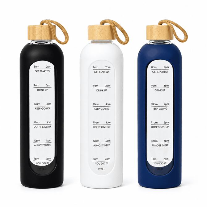 A drink bottle set featuring black, white, and navy options with wooden lids and measurement markings.