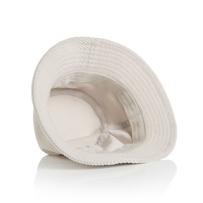 A cream-coloured Cord Bucket Hat with a textured surface, showing the inside lining. The hat features a logo.