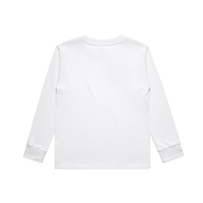 A long-sleeved white kids' T-shirt featuring a plain back and cuffs. It has a logo on the label.