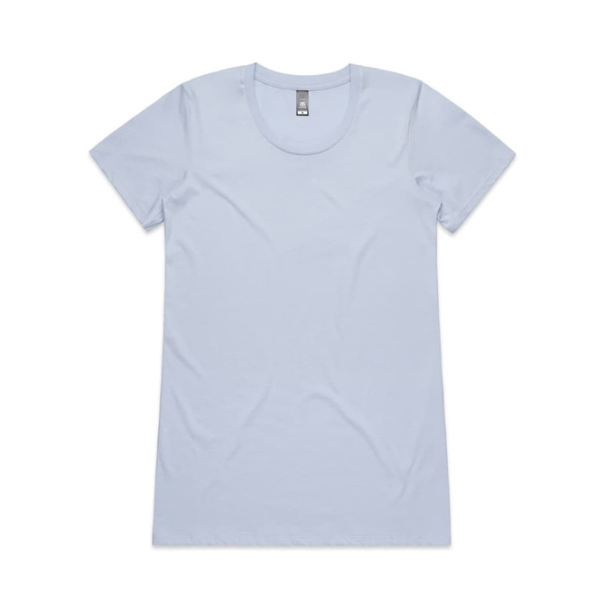A light blue T-shirt with a round neckline and short sleeves, featuring a logo on the label inside.