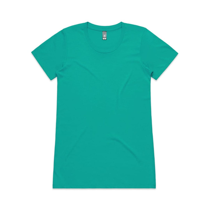A teal women's t-shirt with a round neckline and short sleeves. It features a small logo on the label.
