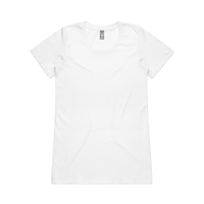 A plain white t-shirt with a round neckline and short sleeves. It features a branding logo on the tag.