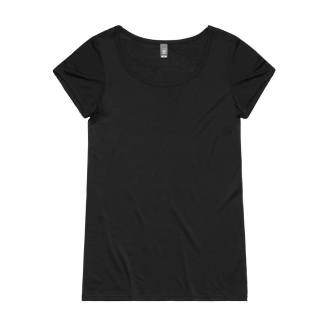 A black women's T-shirt with a scoop neck and short sleeves, featuring a logo on the inner label.