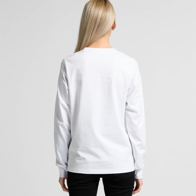 A long-sleeve white T-shirt viewed from the back, featuring a simple design and a branding logo.