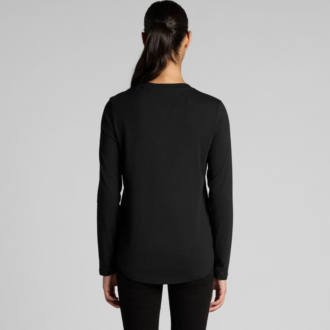 A black long-sleeve tee viewed from the back, featuring a simple design and a subtle logo.