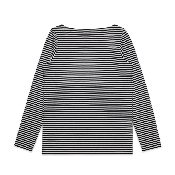 A black and white striped long-sleeve T-shirt featuring a comfortable, relaxed fit and a logo.