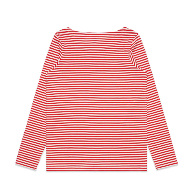 A long-sleeve tee featuring red and white horizontal stripes. The back view shows a simple, casual design.
