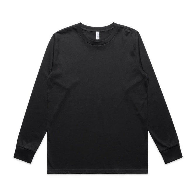 A black long-sleeve T-shirt with a crew neck and a logo on the label.
