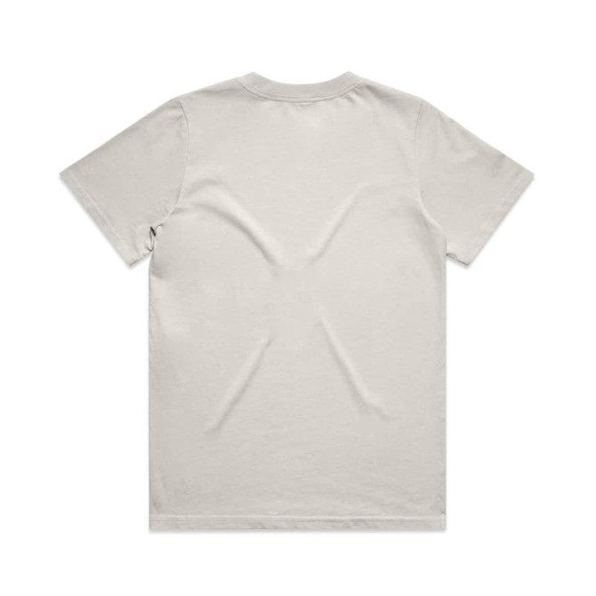 A faded tee in a light colour with a plain back. The fabric has a relaxed texture, featuring a logo.