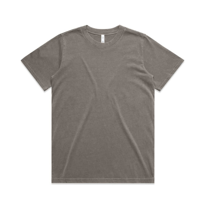 A heavy faded green t-shirt with a crew neck, featuring a logo.