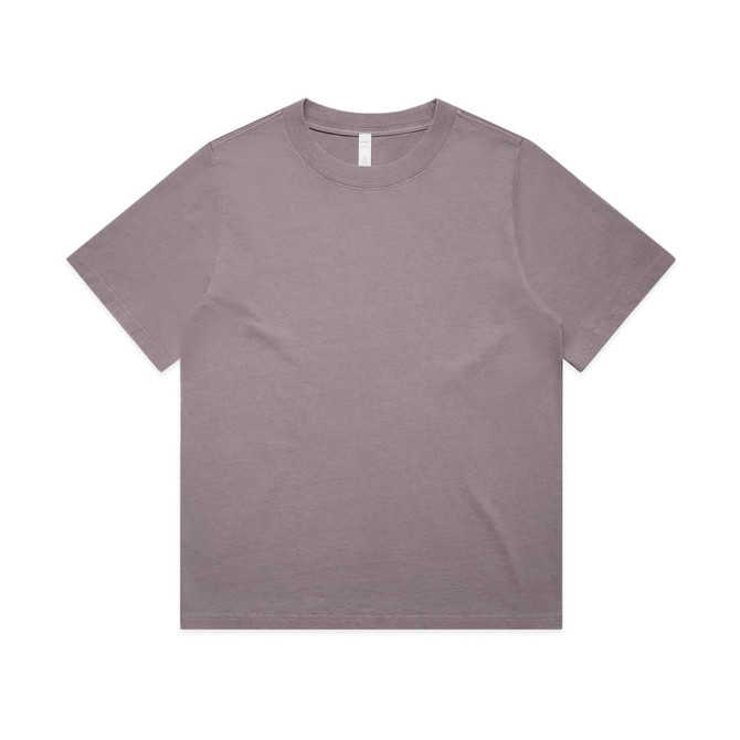 A heavy faded tee in a muted mauve colour, featuring a crew neck design and a simple branding label.