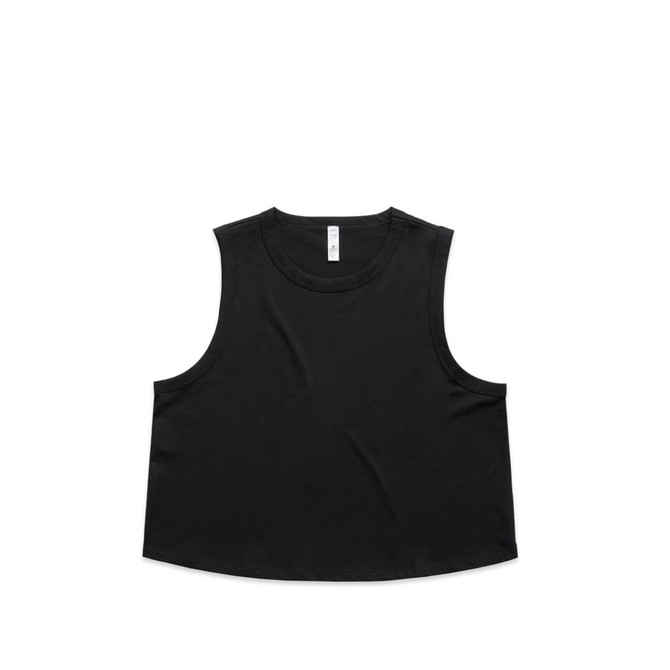 A black crop tank top with a round neckline and a loose fit. It features a subtle logo on the label.