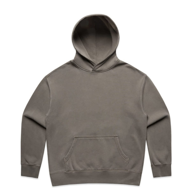 A faded olive green hoodie with a kangaroo pocket and a hood, featuring a logo.