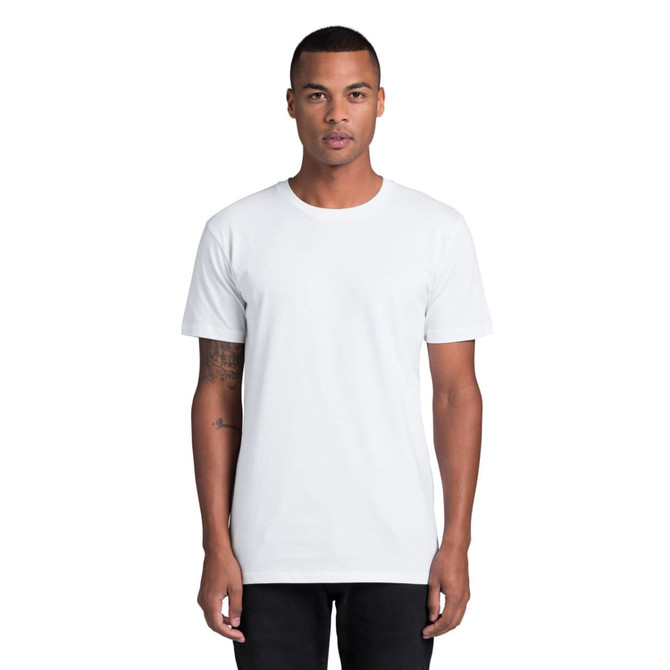 A plain white T-shirt displayed on a model, featuring a standard crew neck and short sleeves.
