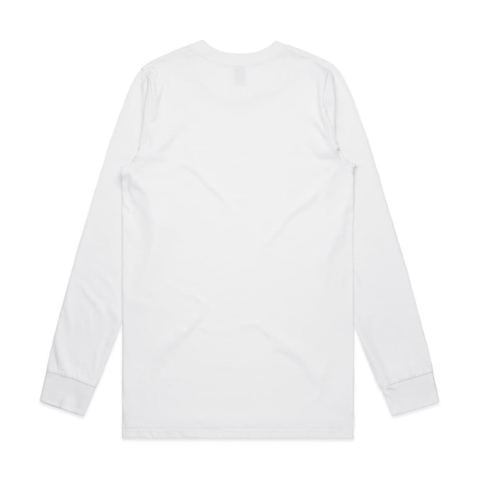 A long-sleeve white T-shirt with a simple design and a logo on the back.